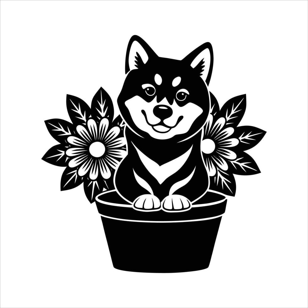 Shiba Inu Bloom A Pup in a Flower Pot vector