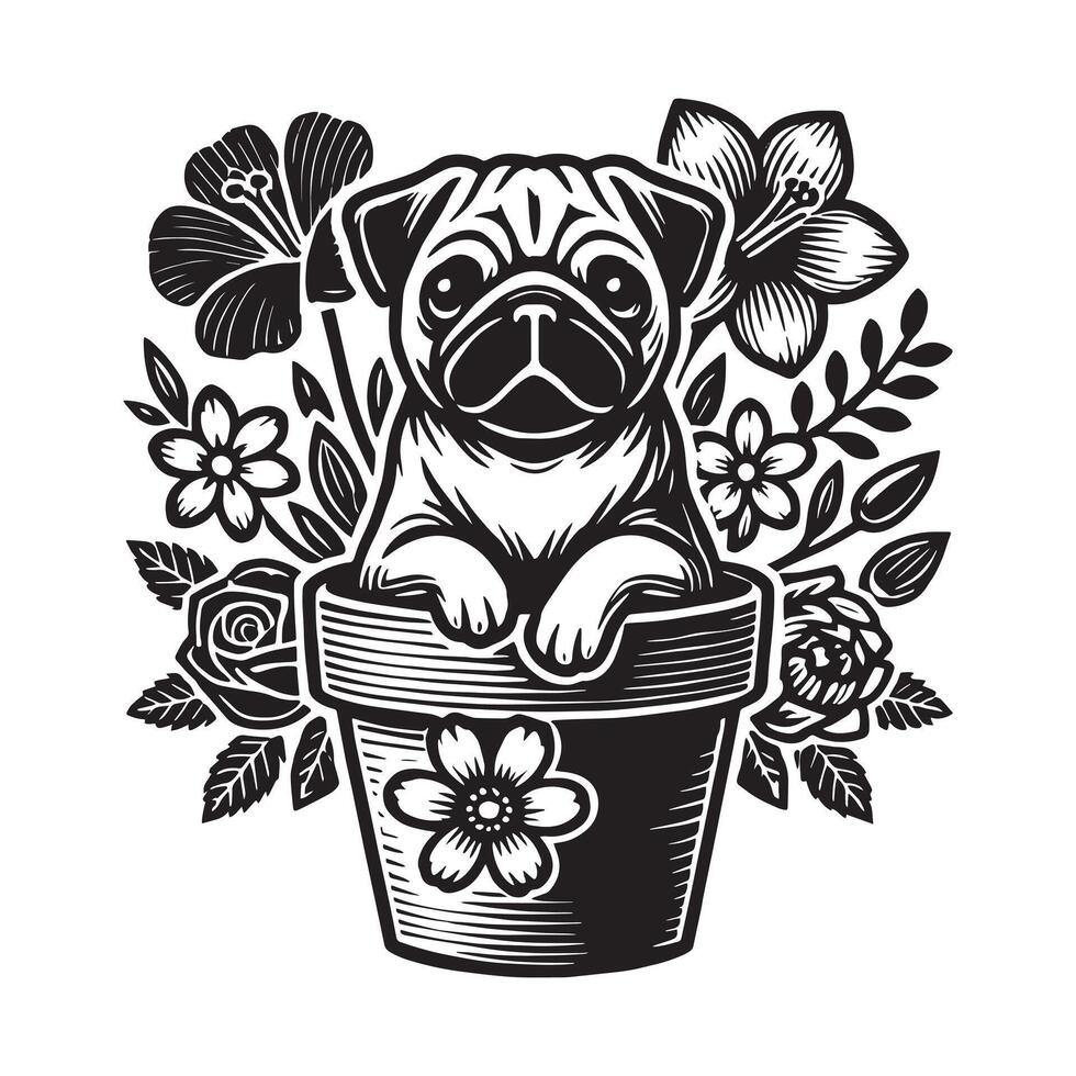 Pug In A Flower Pot dog vector