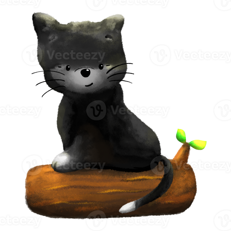 Black flurry cat sits on a trunk cartoon illustration, textured color animal drawing png