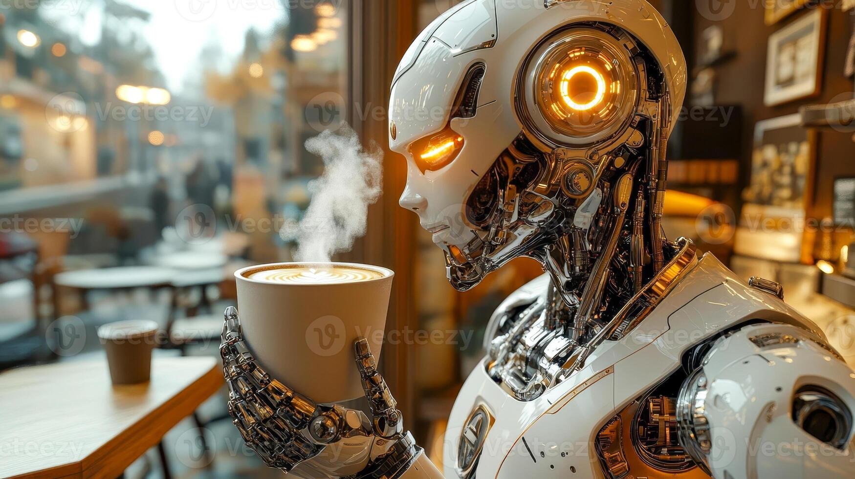 A humanoid robot sits at a cafe table and holds a cup of steaming coffee in his hand photo