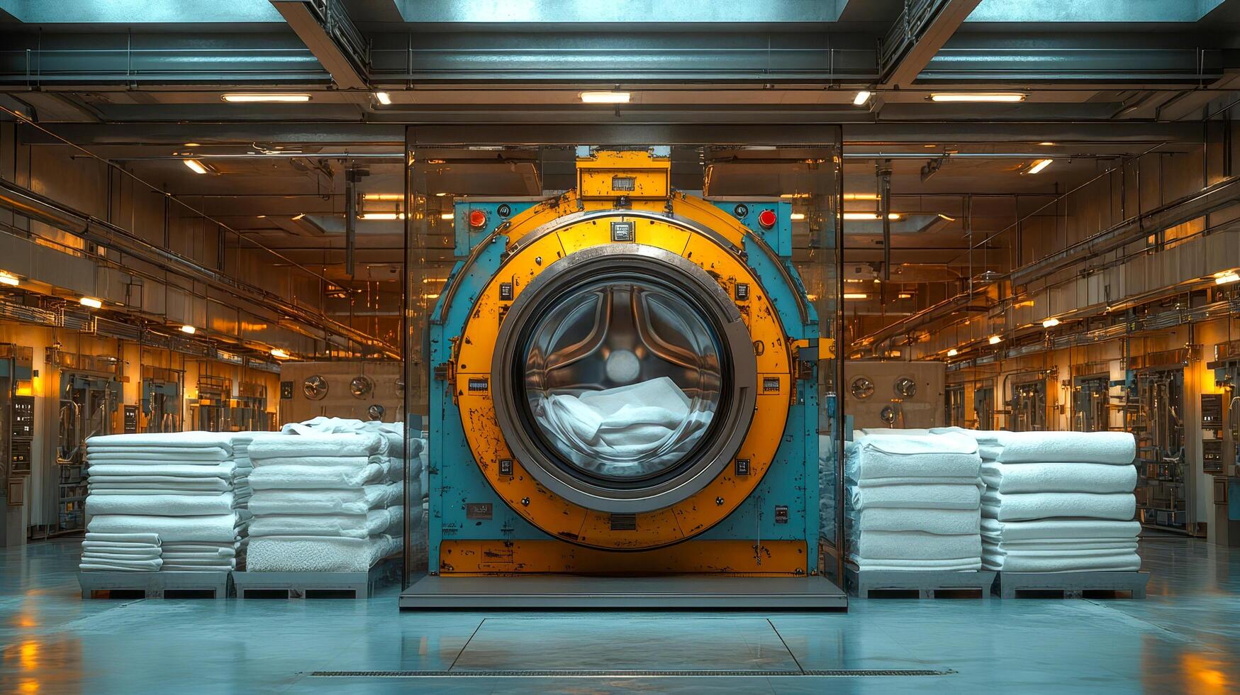 Industrial washing machine in a commercial laundry with a huge drum photo