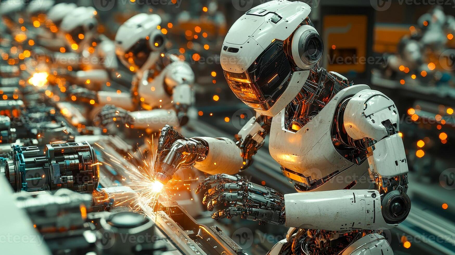 A group of robot workers assembles equipment in a factory photo
