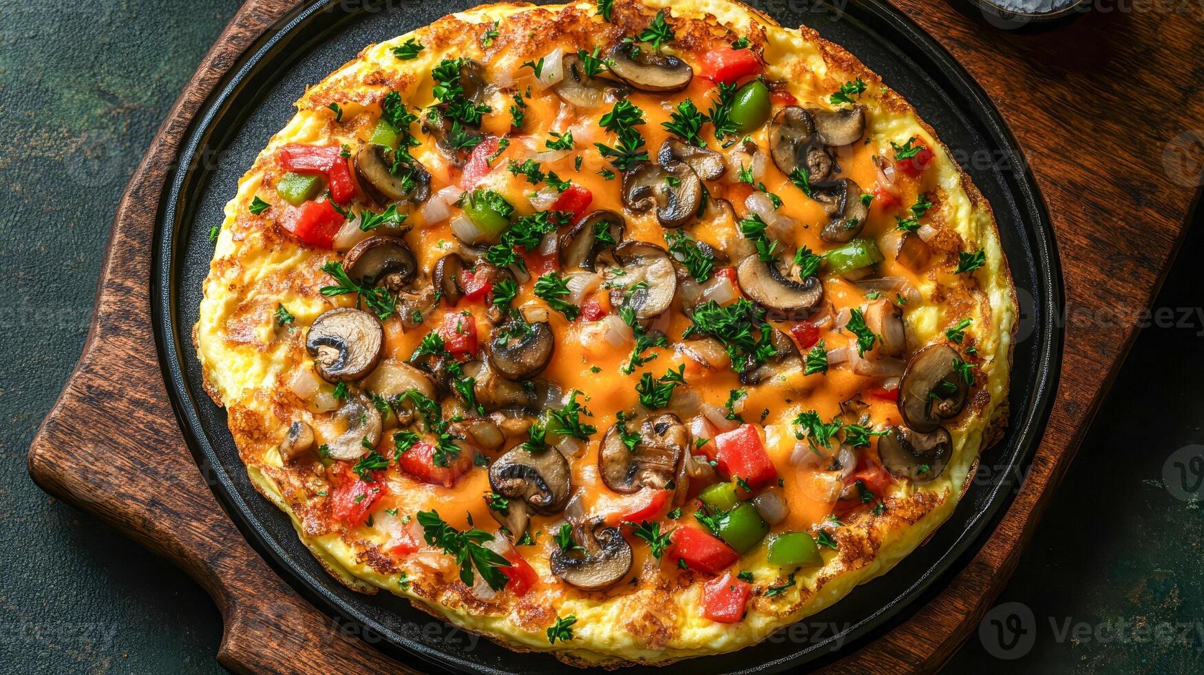 A fluffy omelette filled with fried mushrooms, bell peppers, onions and melted cheese photo