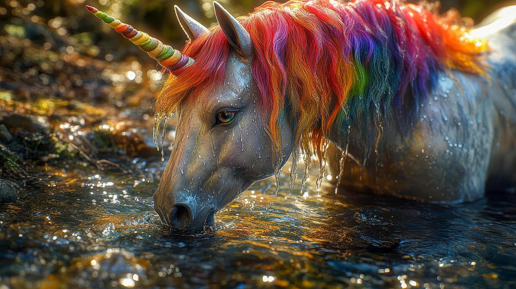 A close-up of a rainbow unicorn drinking from a crystal clear stream photo