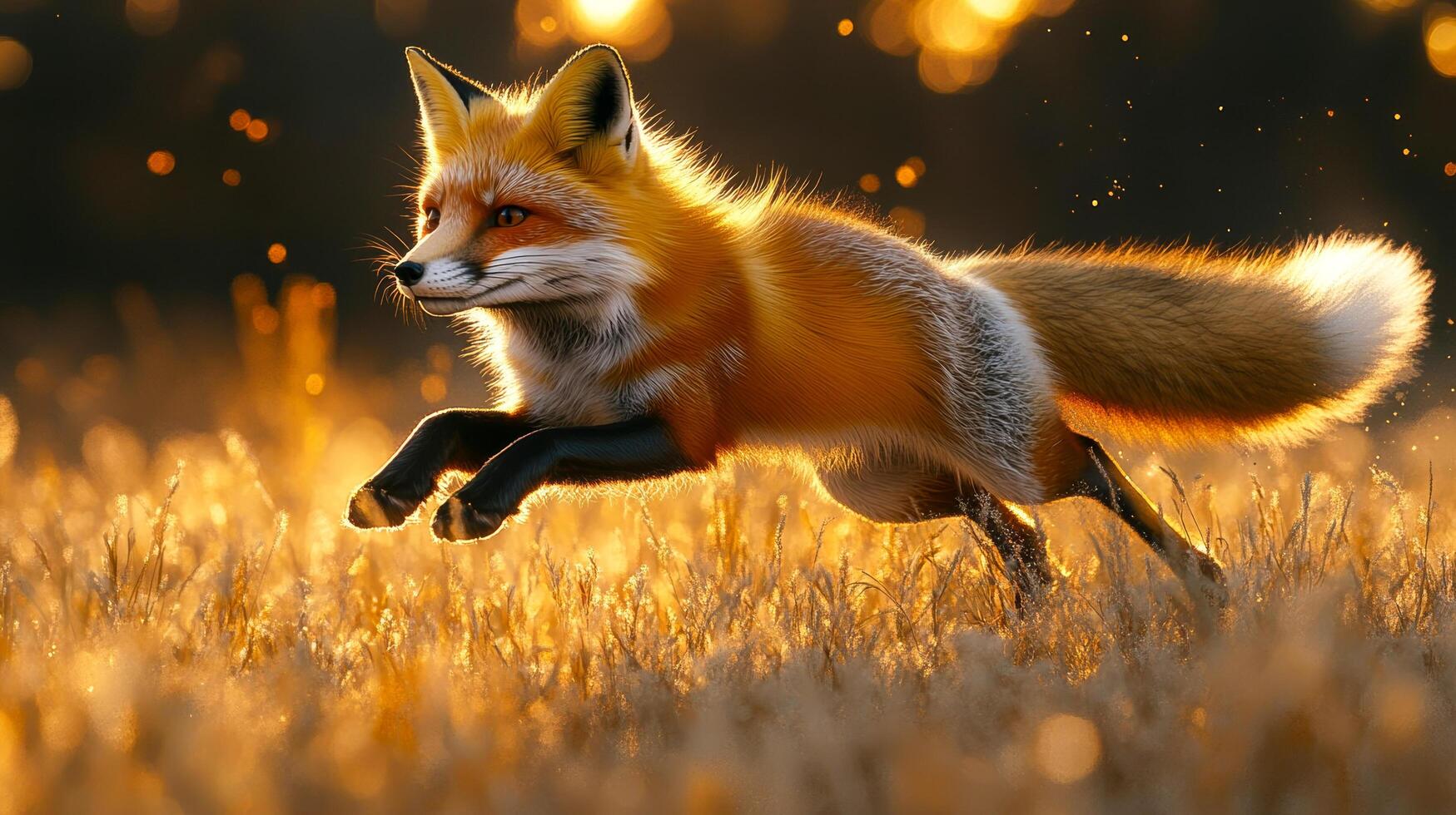 A fox in a jump, jumping into tall grass photo