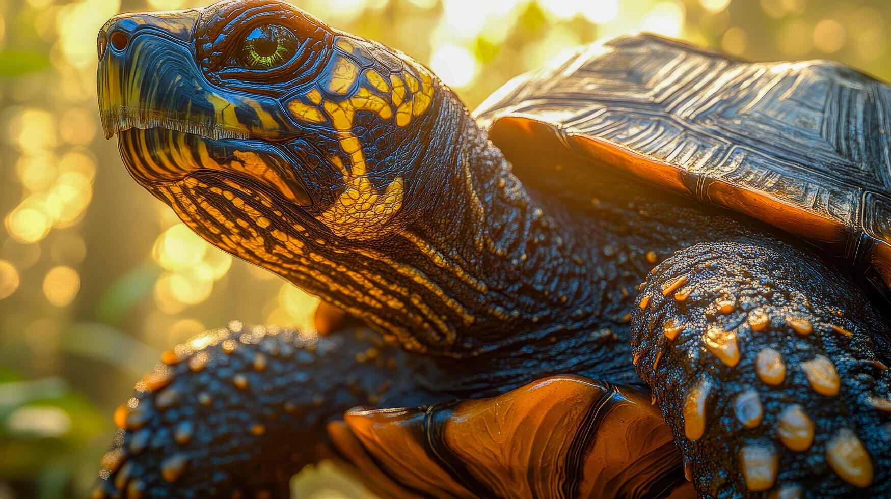 Close-up of turtle head with sharp eyes, detailed scales and beak-like mouth photo
