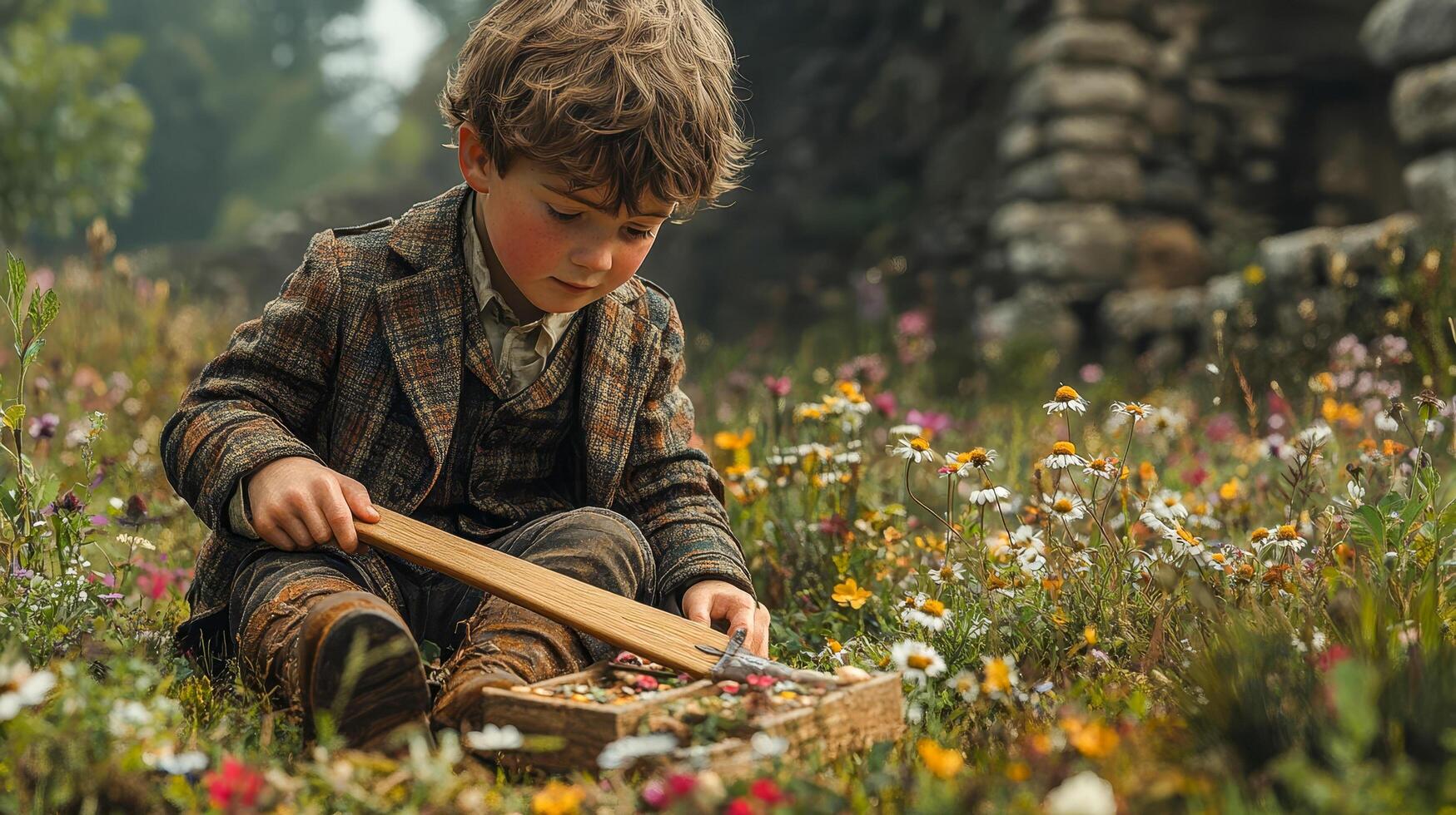 A Scottish boy playing in a meadow photo