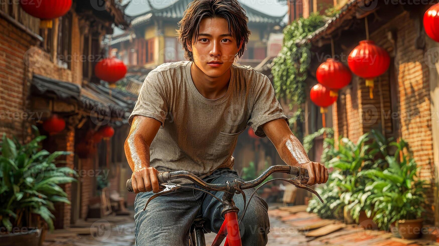 A Chinese man riding a bicycle photo