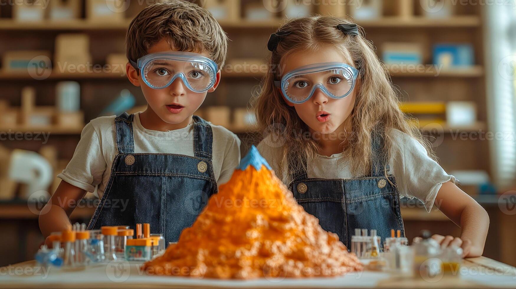 Children wearing safety goggles and aprons in the classroom photo
