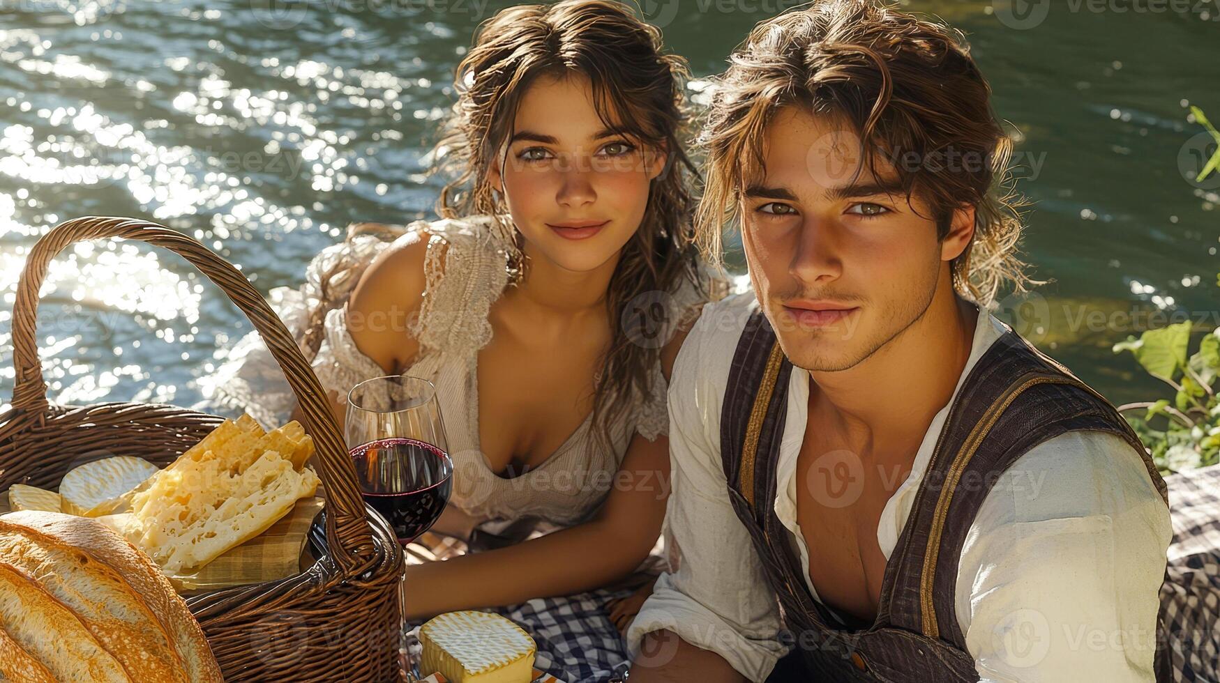 Young French couple enjoying a picnic on the riverbank with a wicker basket photo