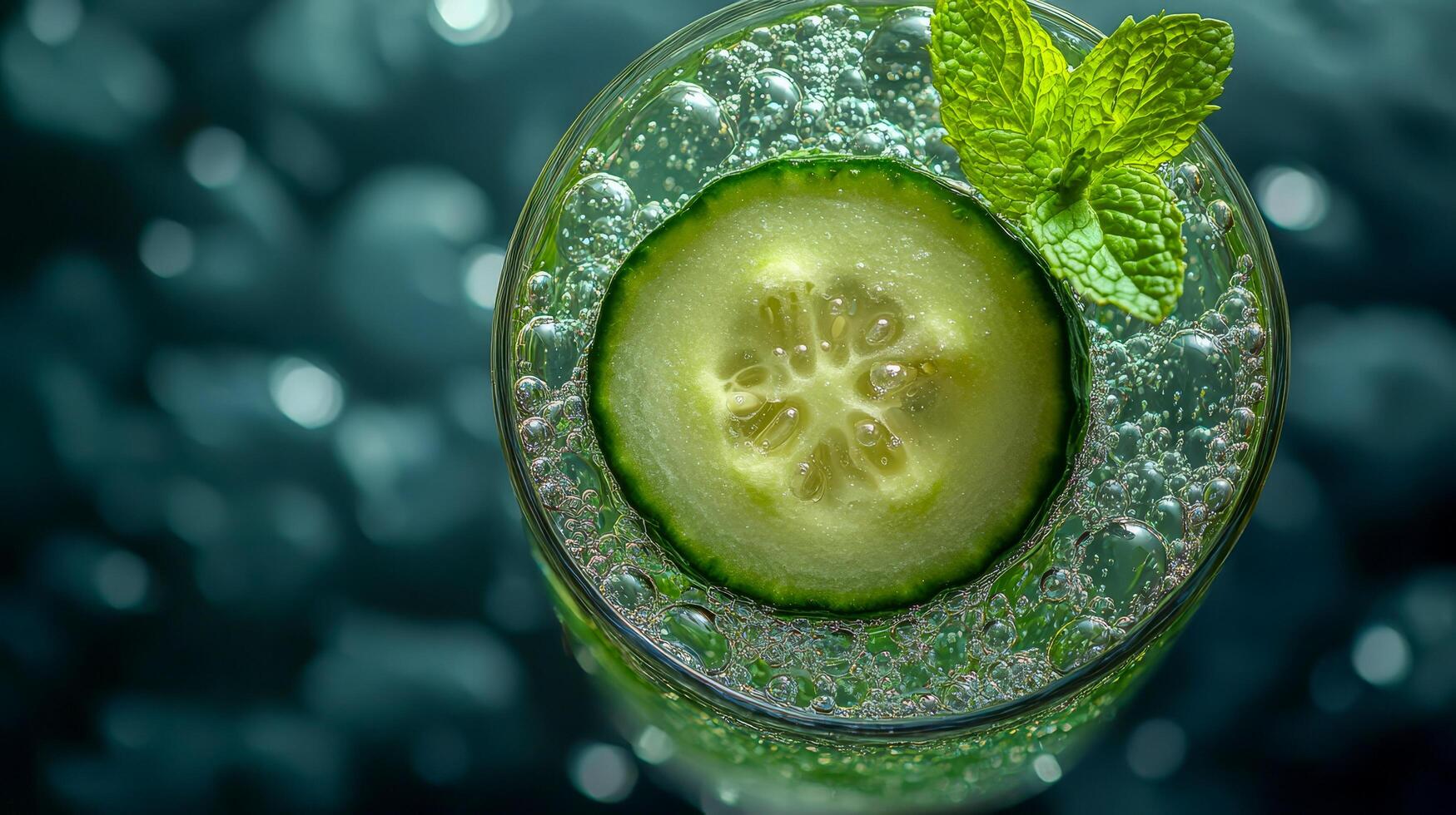 Close-up from top to bottom of a cucumber half-submerged in carbonated water in a glass photo