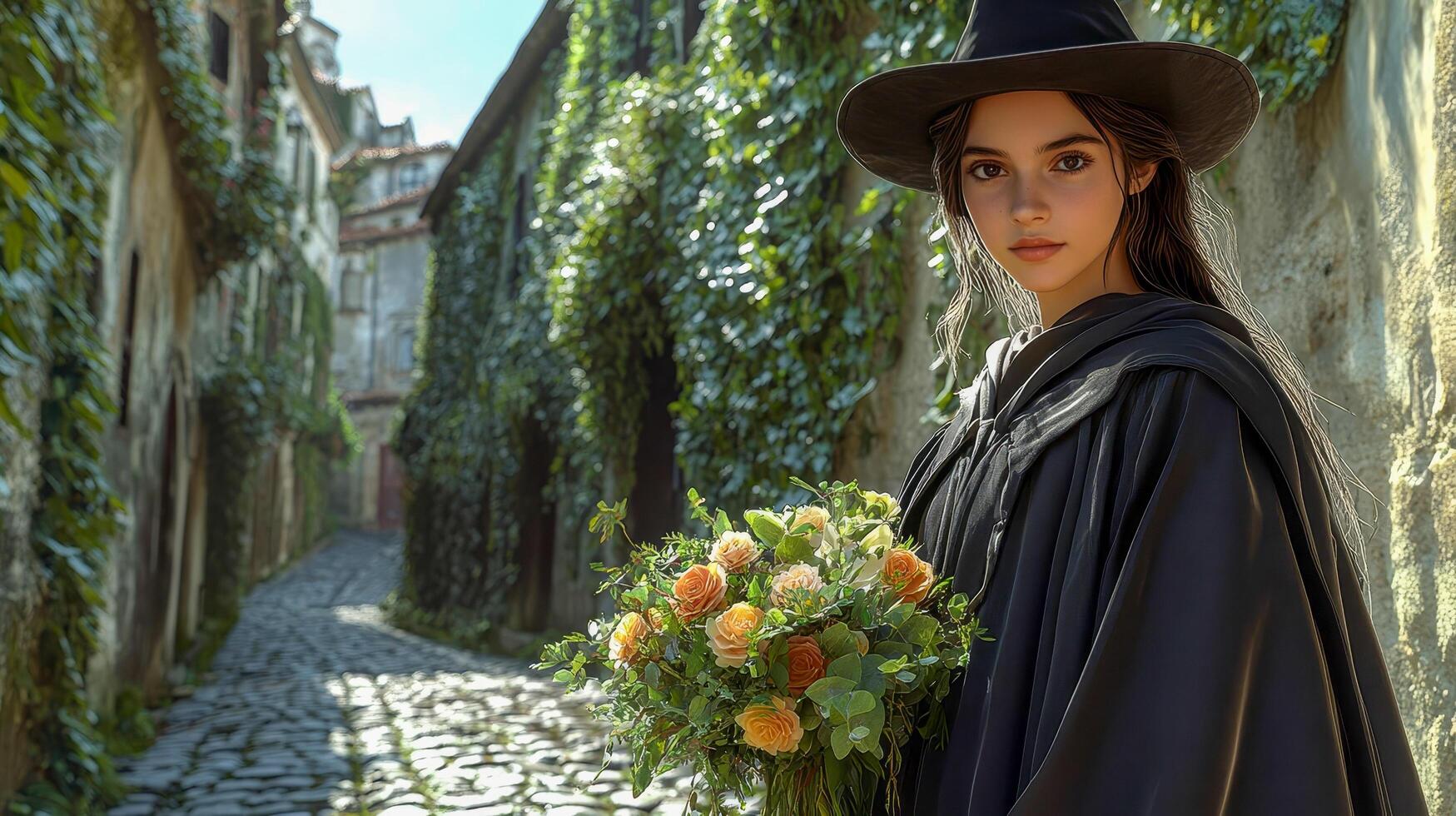 A student in a master's gown and cap, with a bouquet of fresh flowers photo