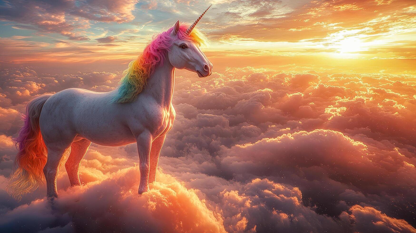 A rainbow unicorn stands proudly on a cloud high above the earth photo