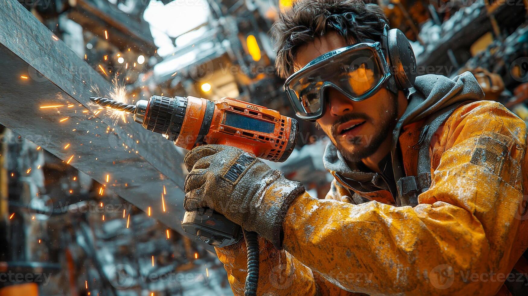 Builder with electric drill wearing safety goggles and gloves photo