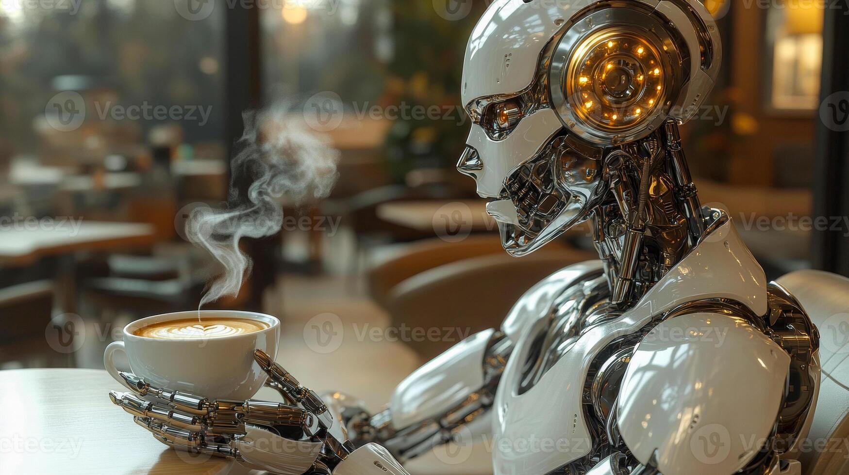 A humanoid robot sits at a cafe table and holds a cup of steaming coffee in his hand photo
