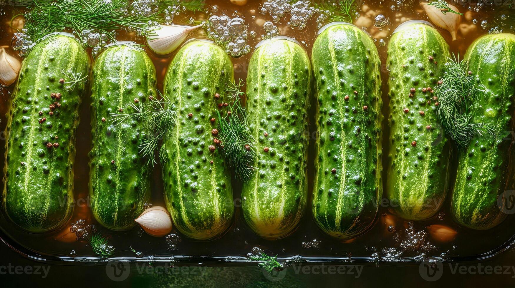 Pickled cucumbers immersed in a jar with brine photo