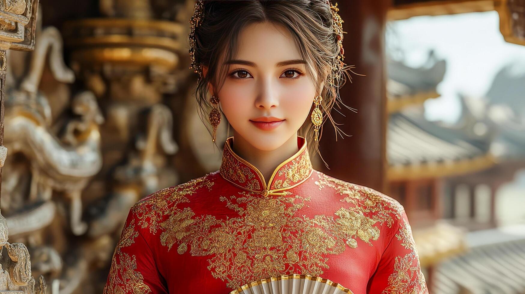 Chinese woman wearing traditional red qipao photo