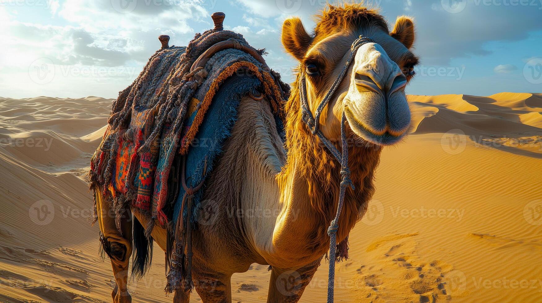 Close-up of a full-length camel standing in the desert photo