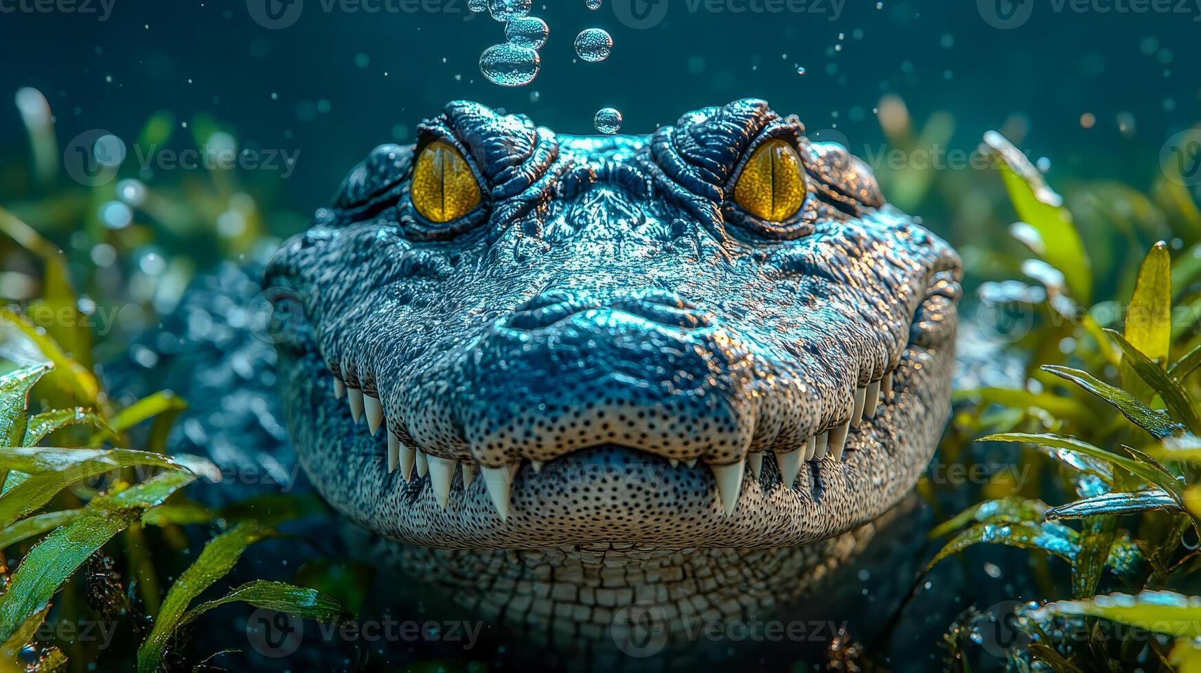 Crocodile face underwater with yellow eyes and sharp teeth photo