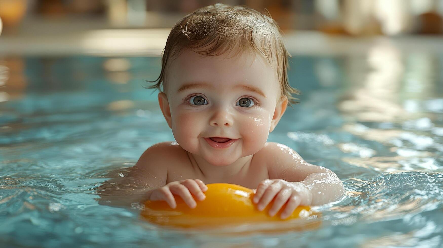 A baby plays with a small inflatable toy in a shallow kiddie pool photo