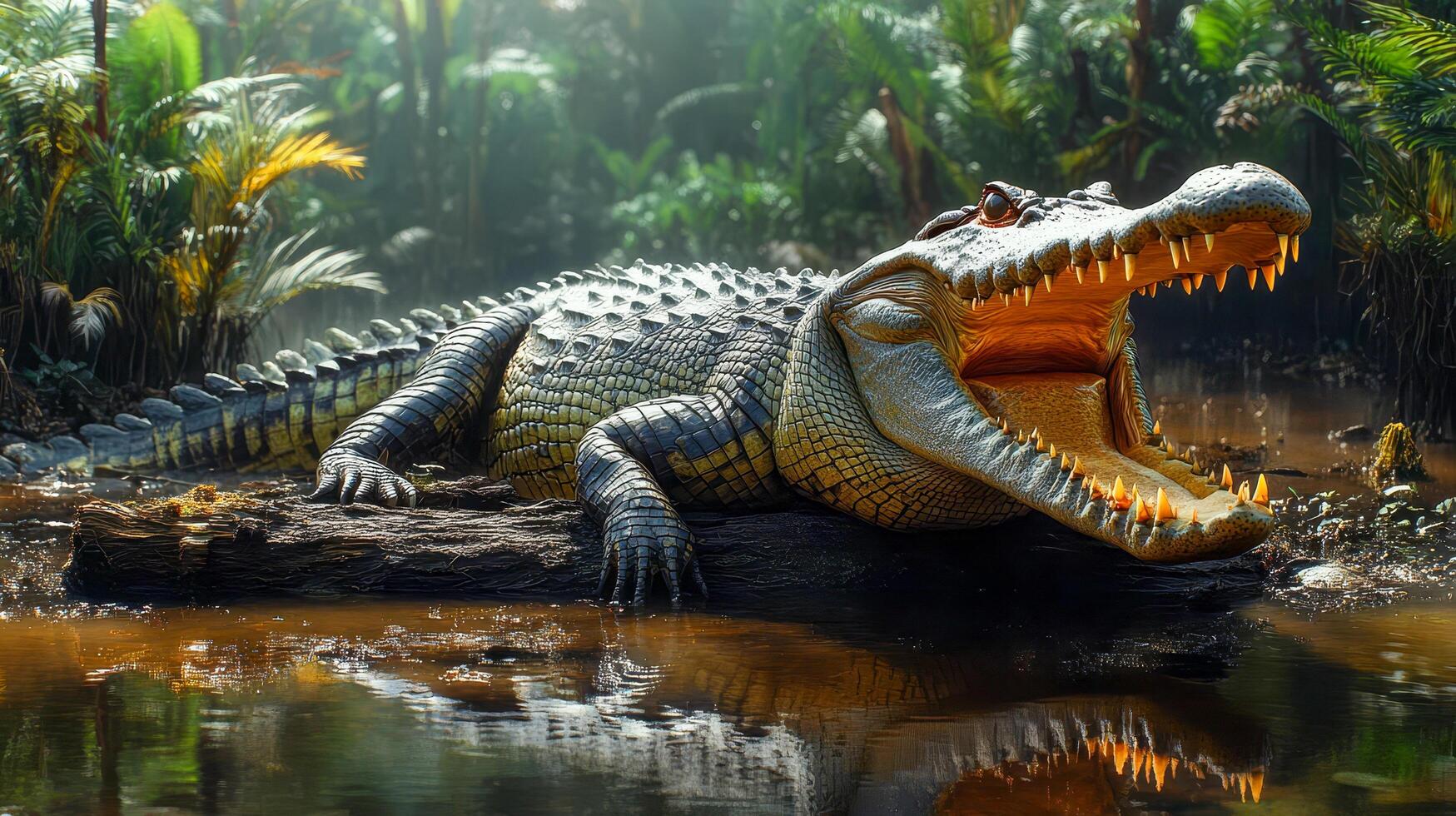 A crocodile with its mouth wide open sitting on a log in a swamp photo
