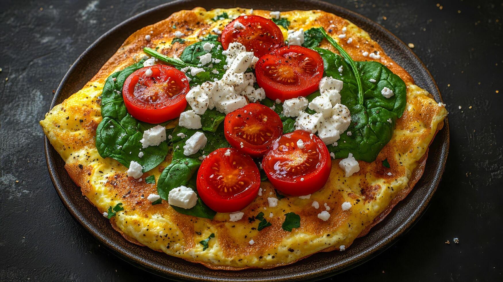 Egg omelette on a plate with spinach, tomatoes and cheese photo