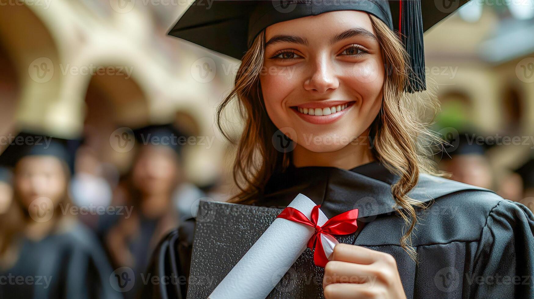 A smiling student in a black graduation robe and diploma in hand photo