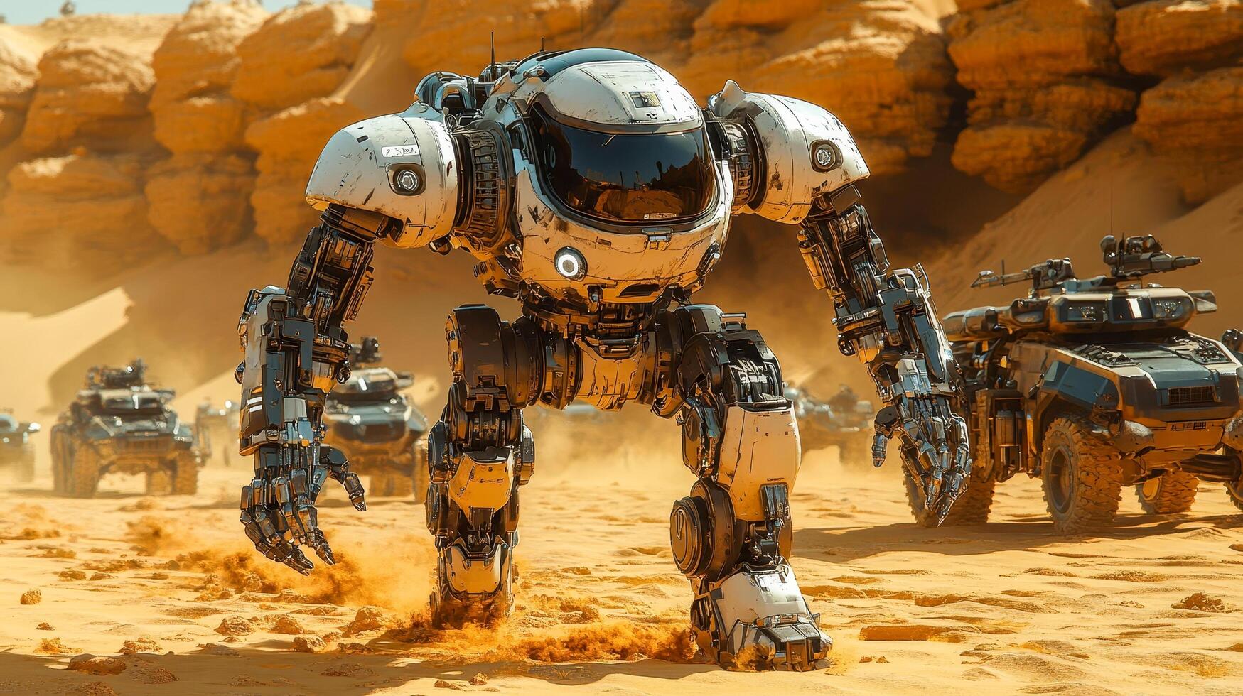 A military-grade robot walks through the desert photo