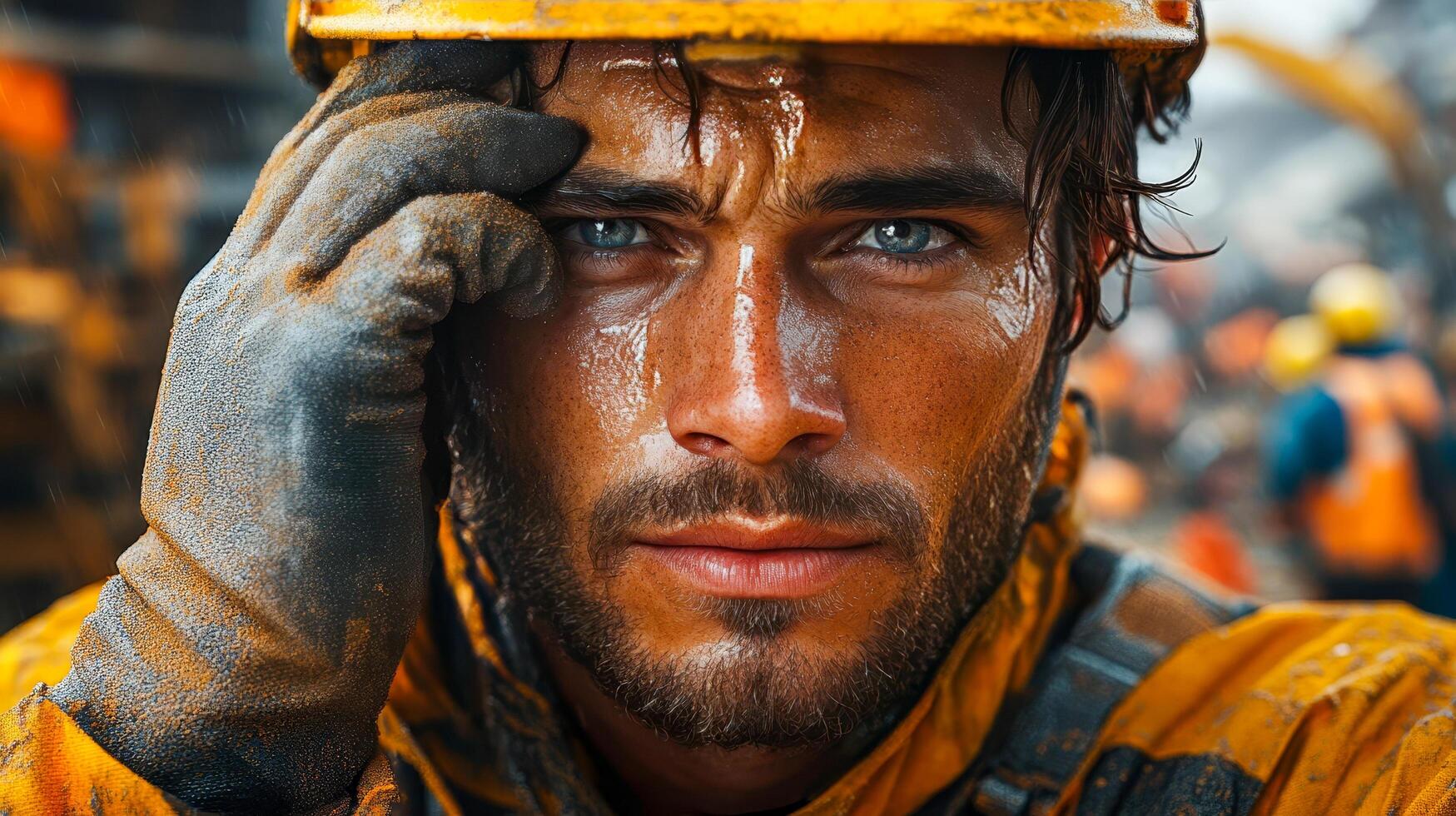 Portrait of a construction worker wearing a construction mask, wiping sweat from his forehead with a gloved hand photo