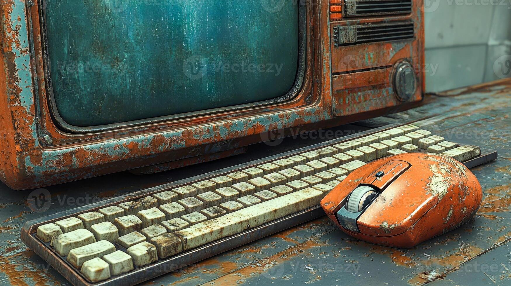 A close-up of a retro computer, keyboard and mouse photo