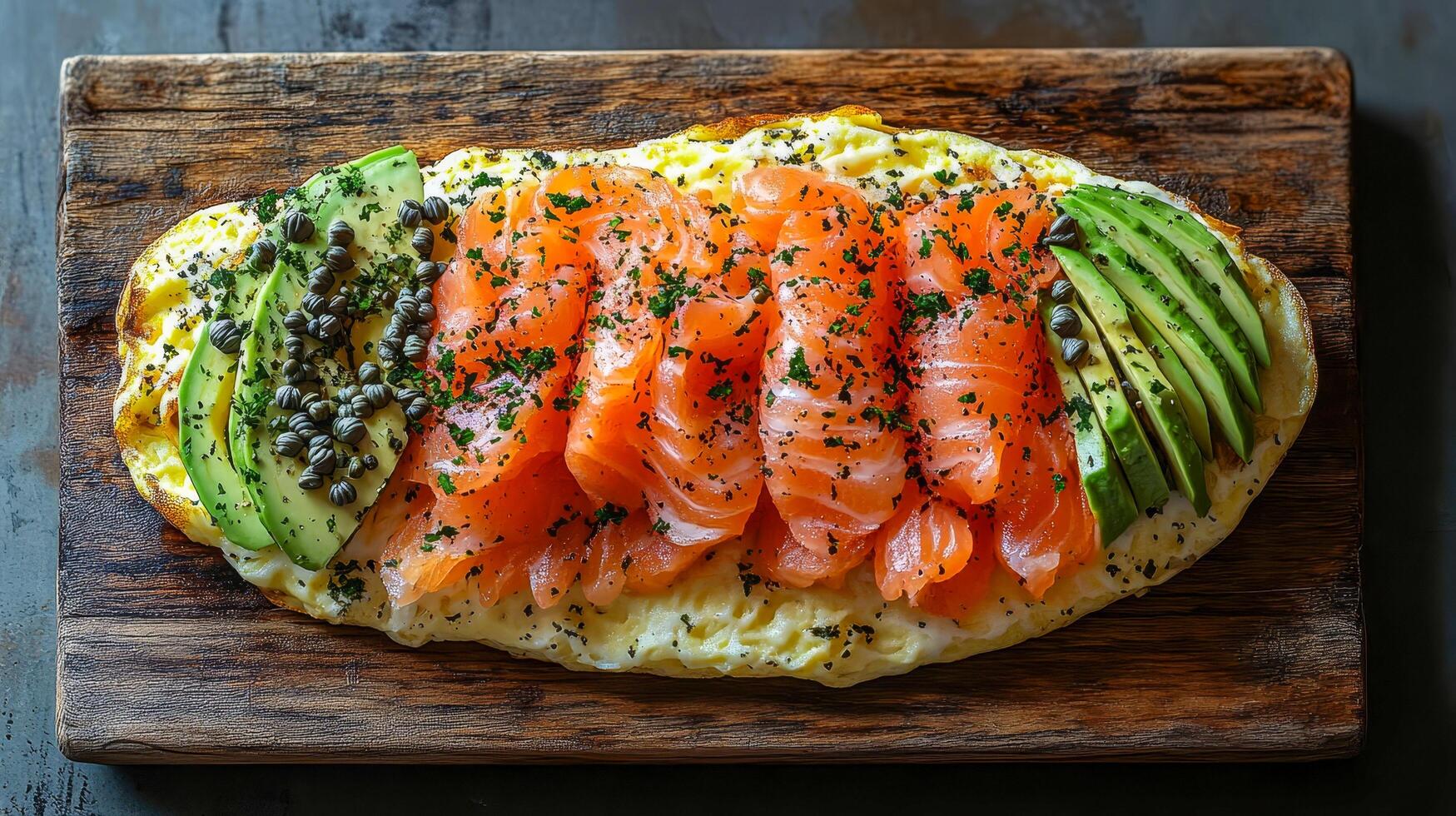 Omelette with salmon, avocado and capers photo