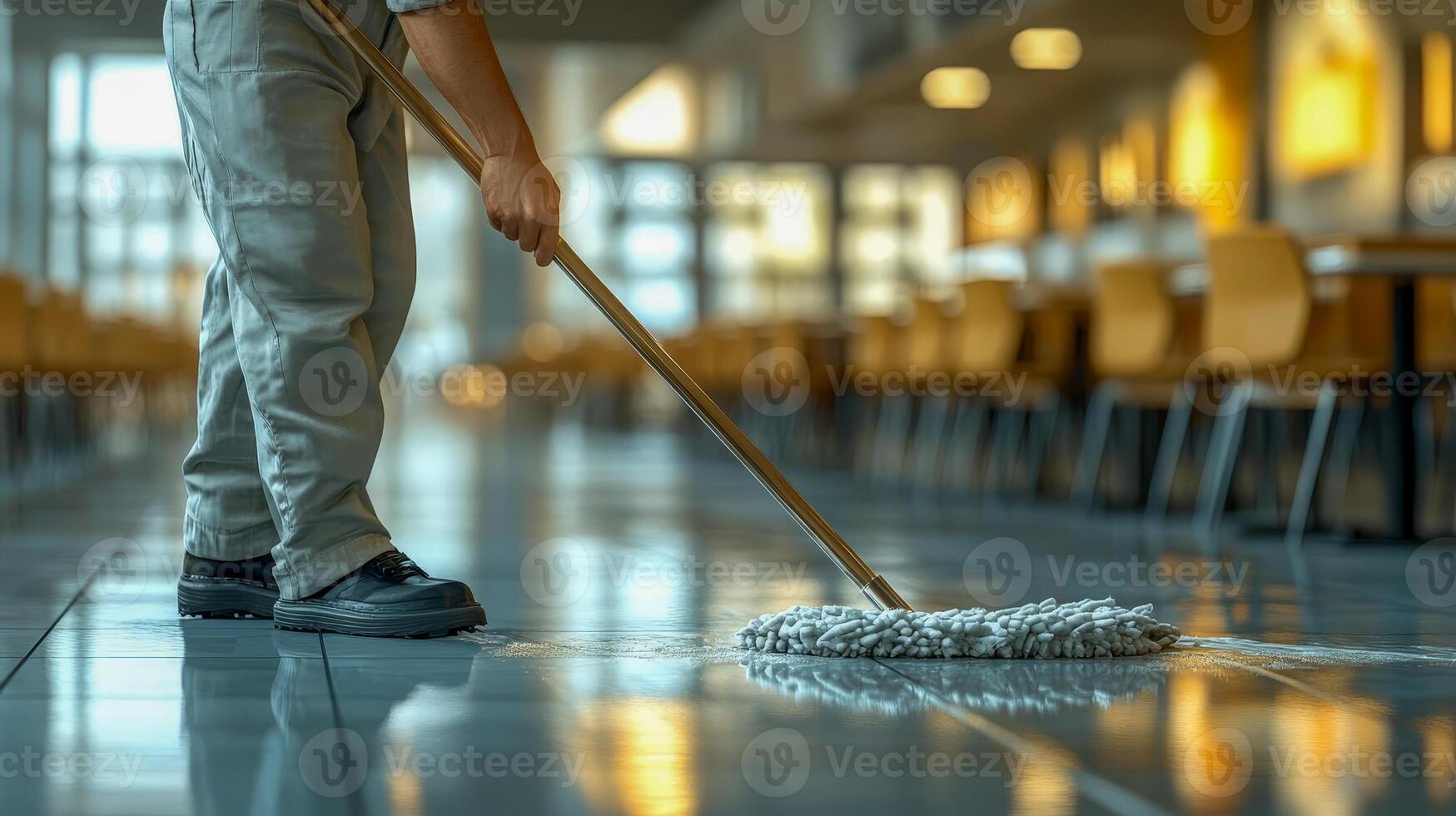 A janitor in the cafeteria running a mop across the floor photo