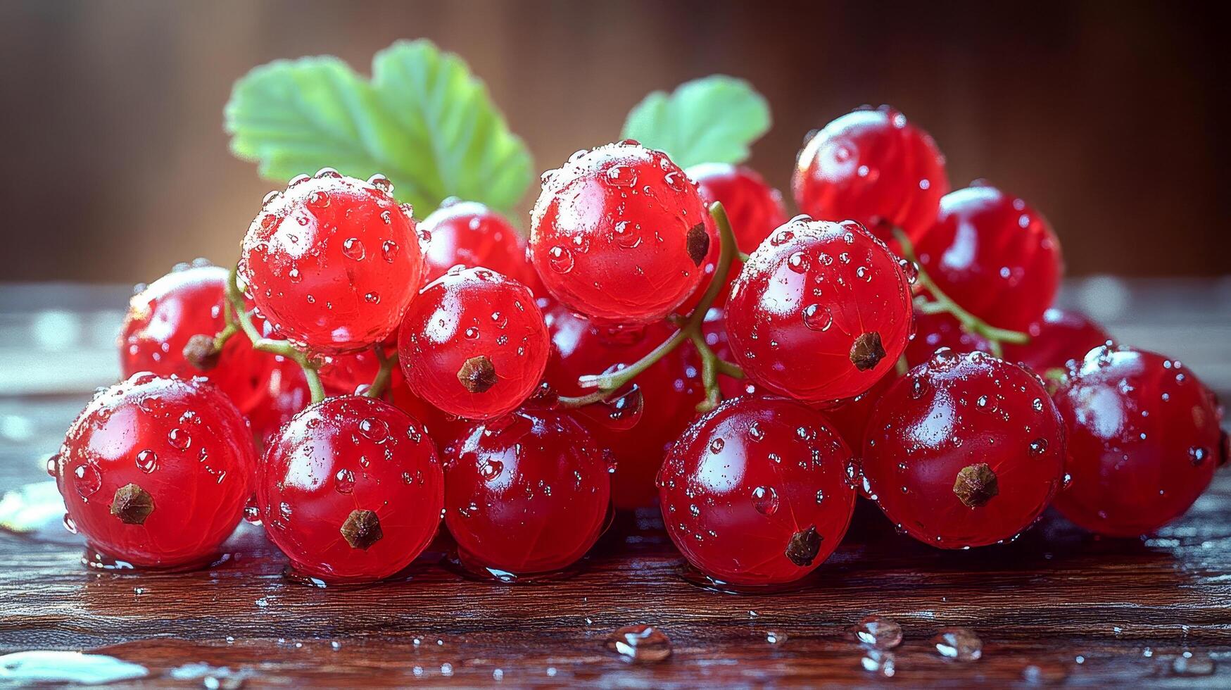A handful of red currants lies on a wooden table photo