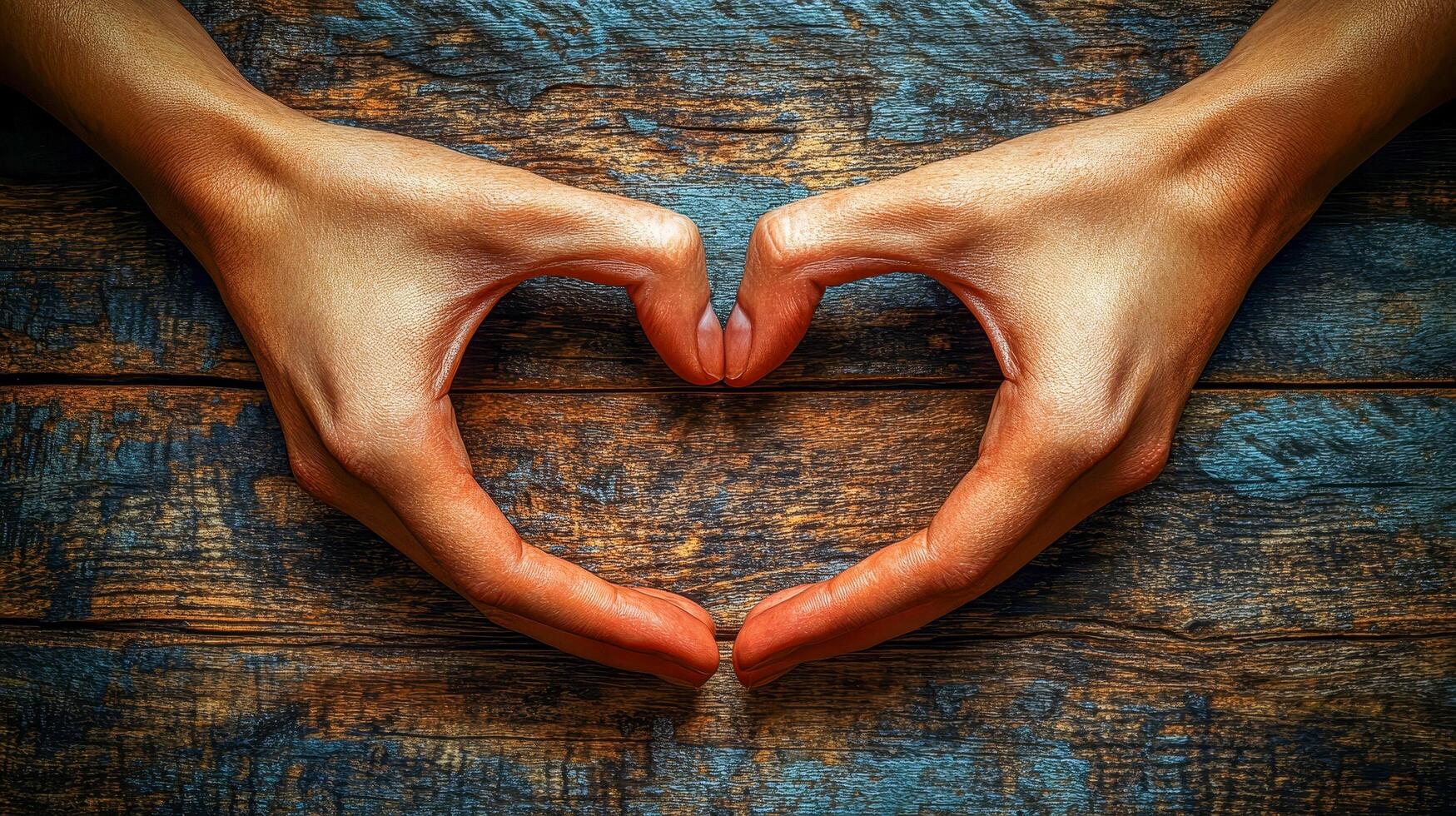 Close-up of two hands forming a heart shape on a wooden table photo
