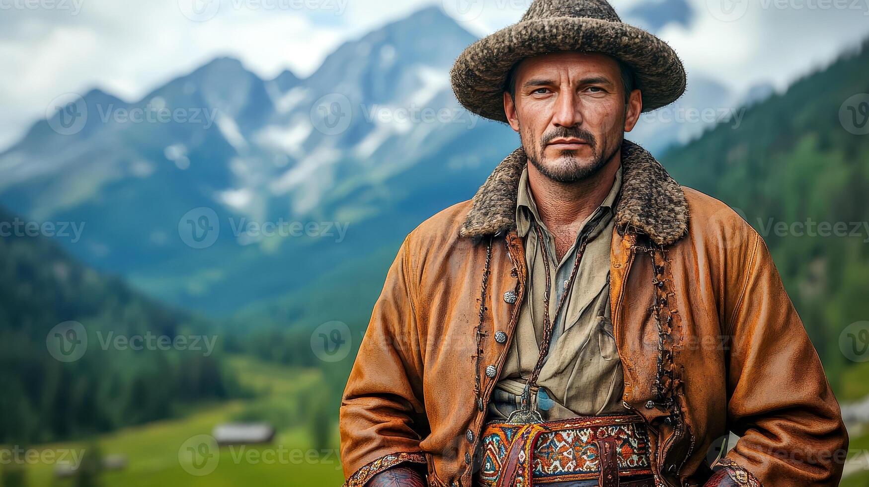 A Pole in traditional Highlander attire, wearing a handmade woolen hat and jacket photo