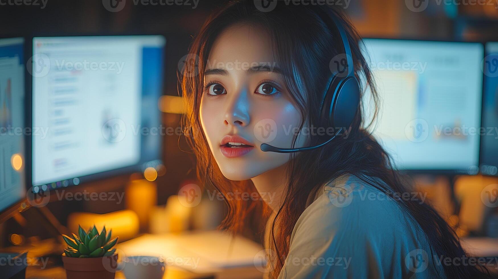 Asian woman with a headset talks during an online meeting photo