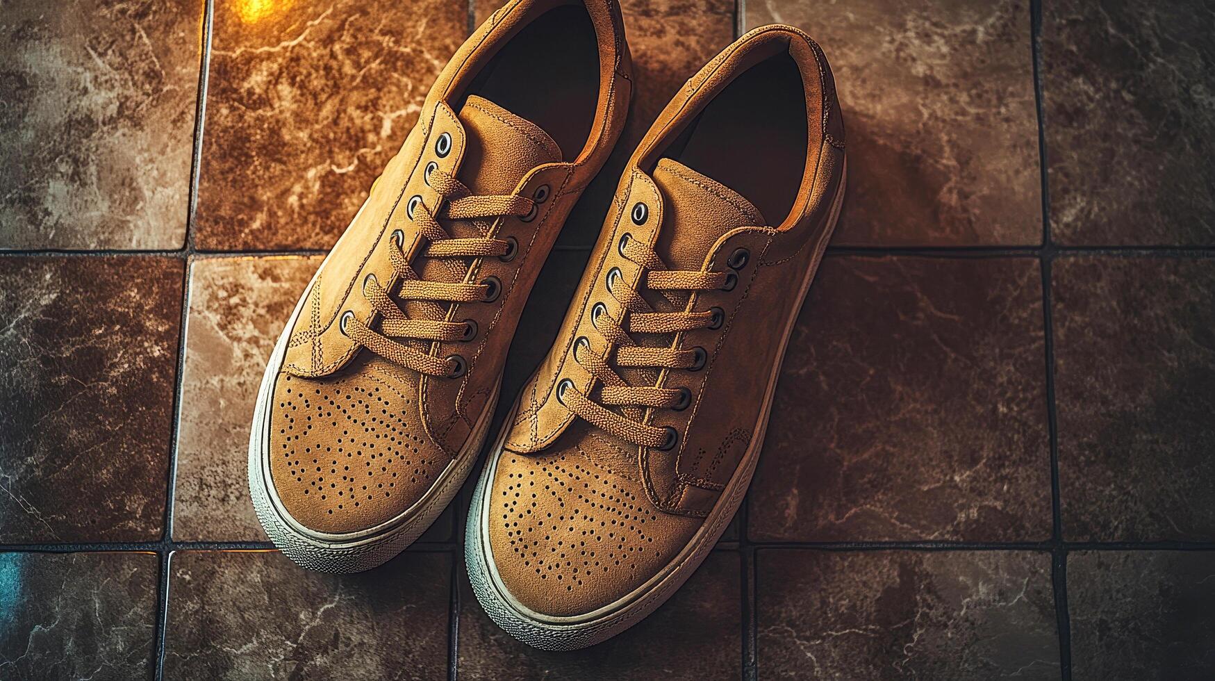 Brown suede sneakers with laces photo