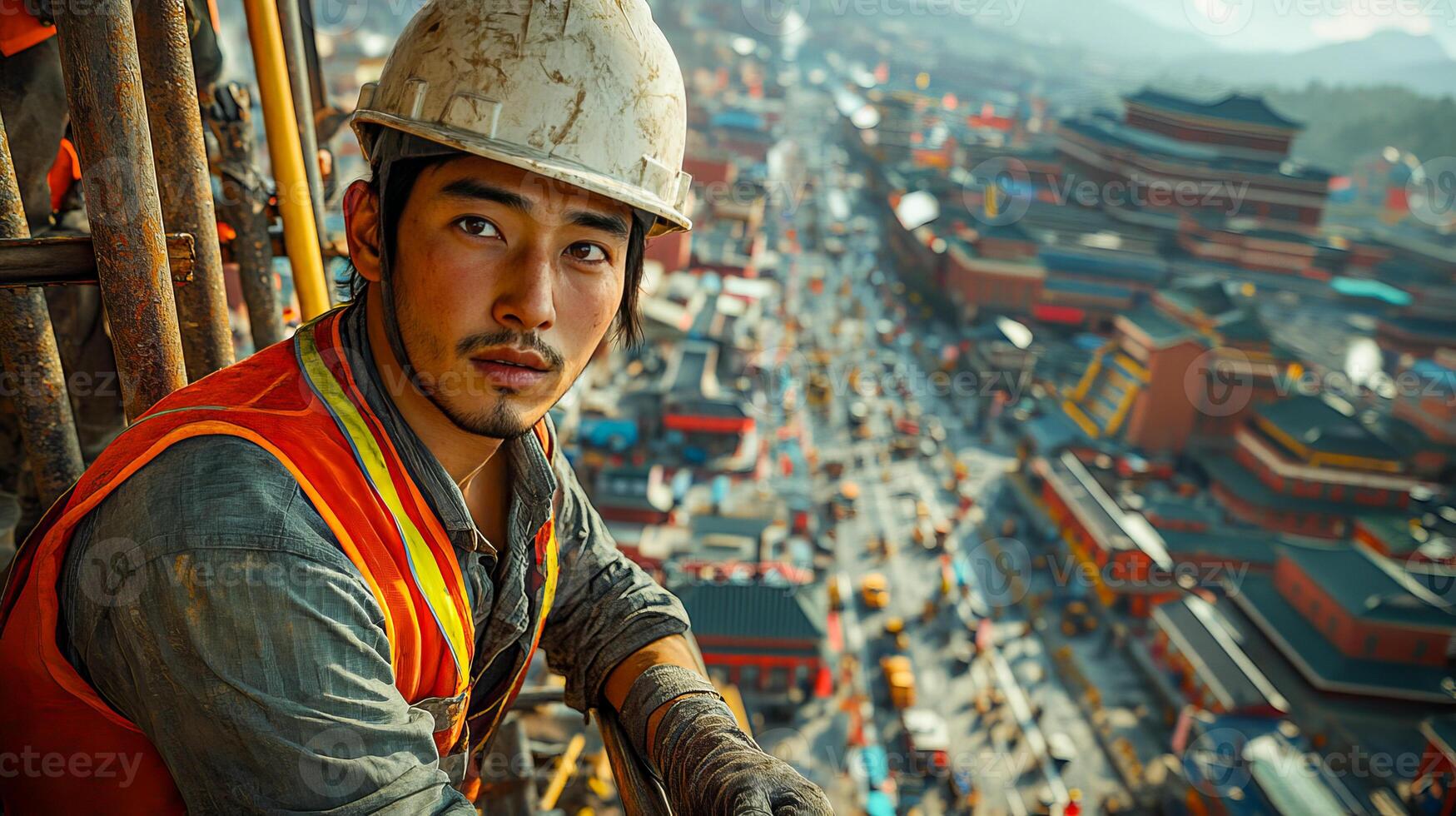 A male construction worker wearing a helmet and protective vest photo