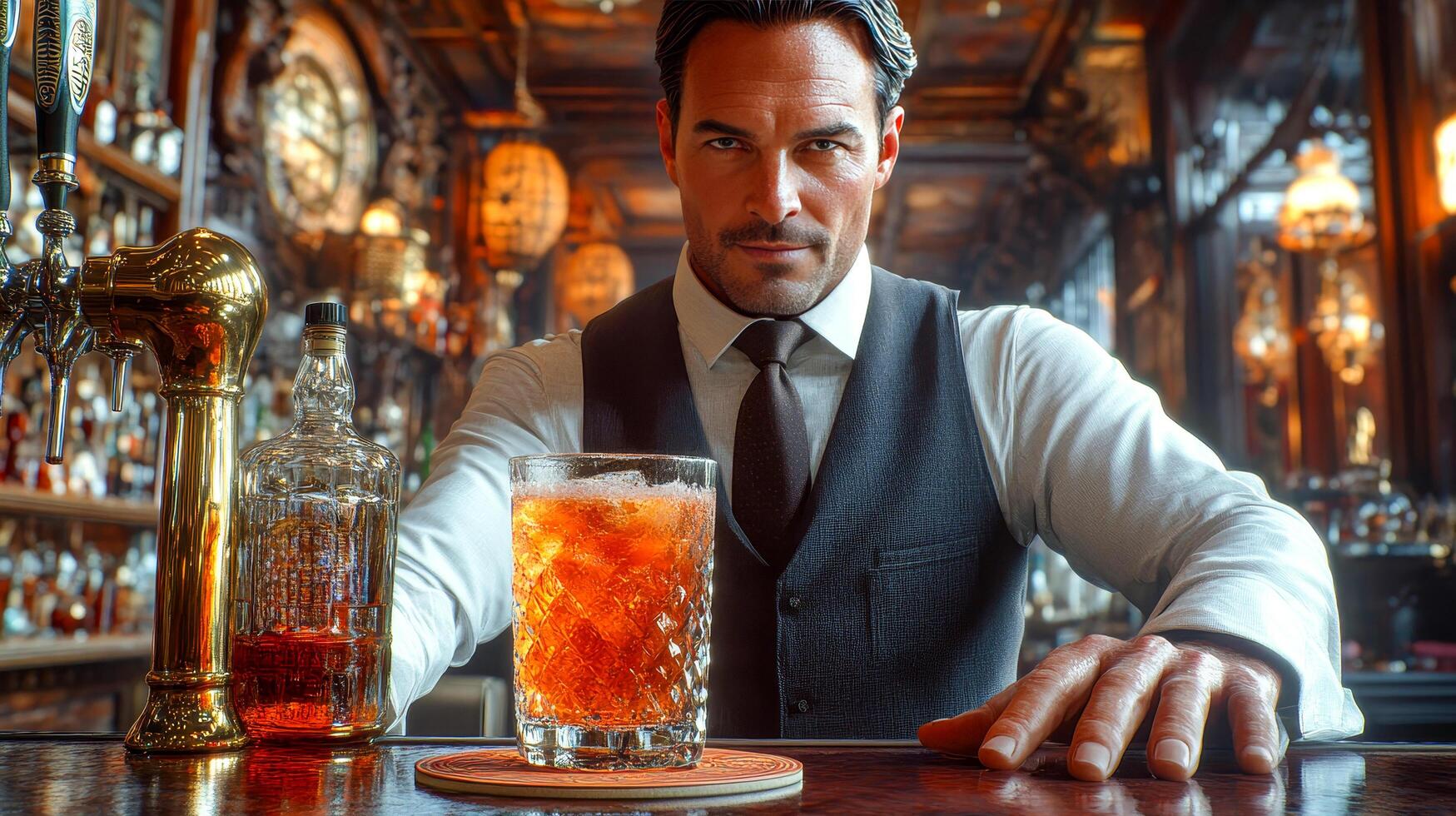A bartender in a white shirt, dark vest and tie serves a cocktail photo