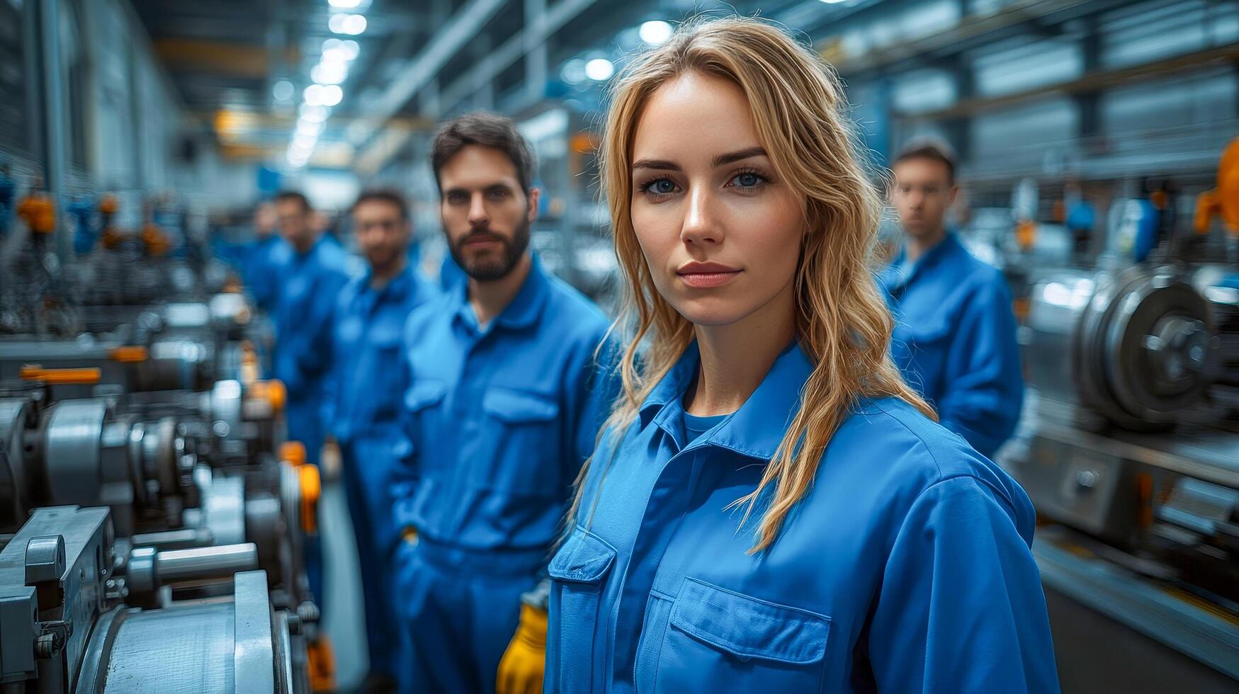 A group of workers in blue uniforms standing in an organized workshop photo