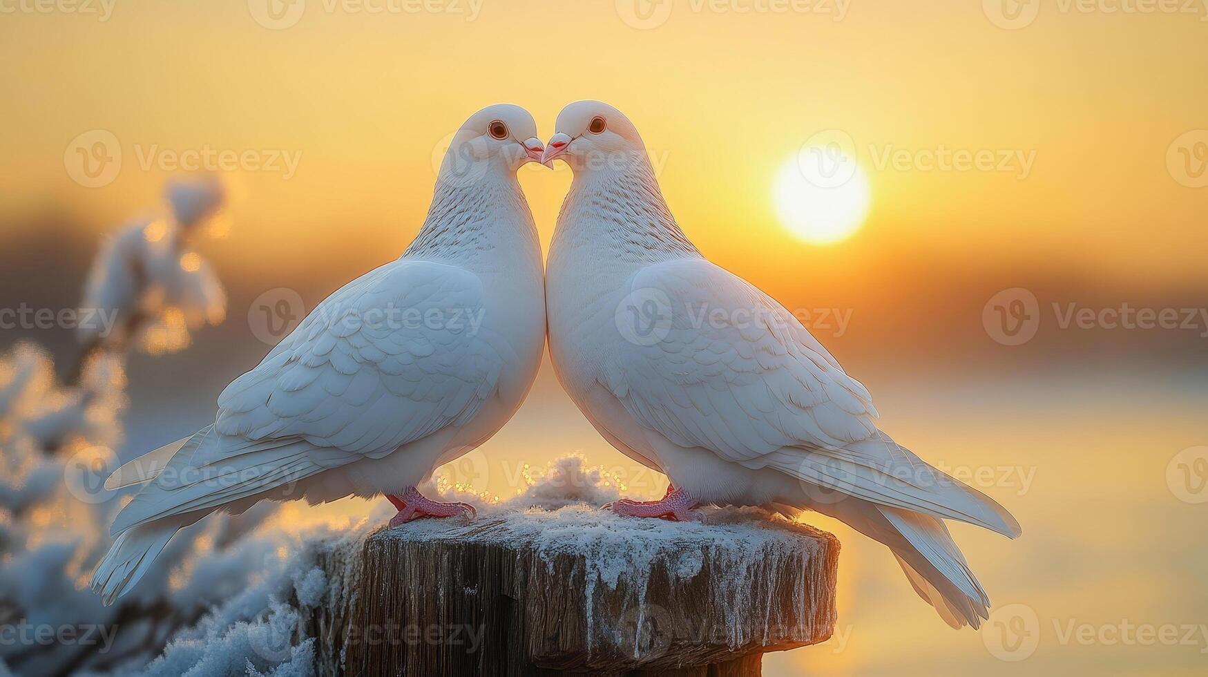 A pair of white doves, huddled together, sit on a wooden perch photo