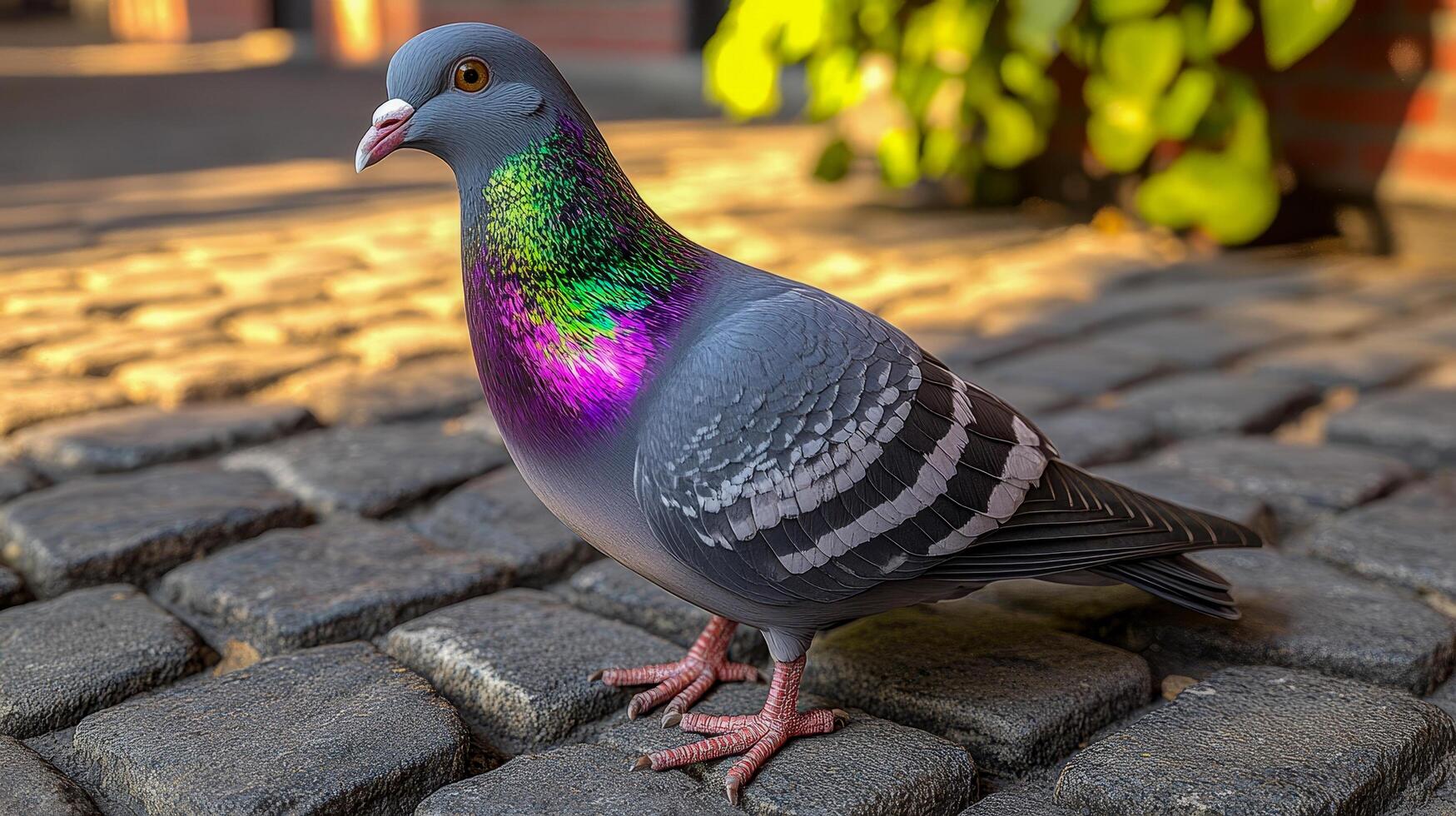 Close-up of a pigeon sitting on a cobblestone street photo