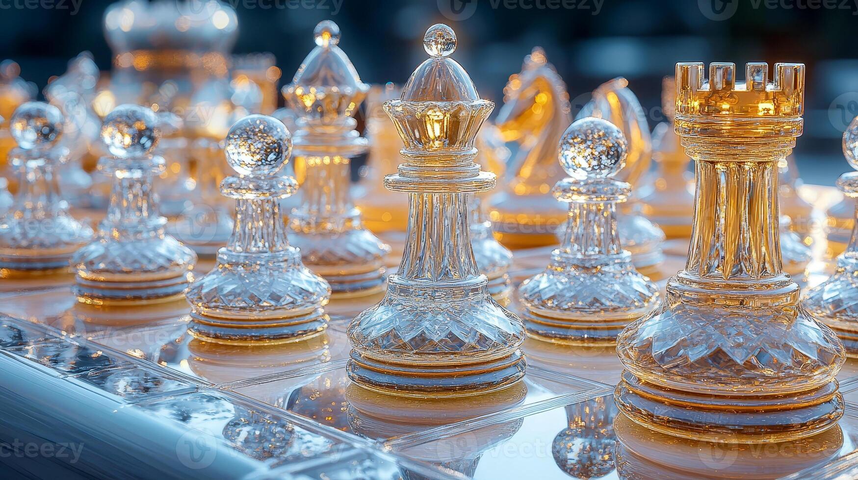Glass chess set with transparent and frosted pieces photo