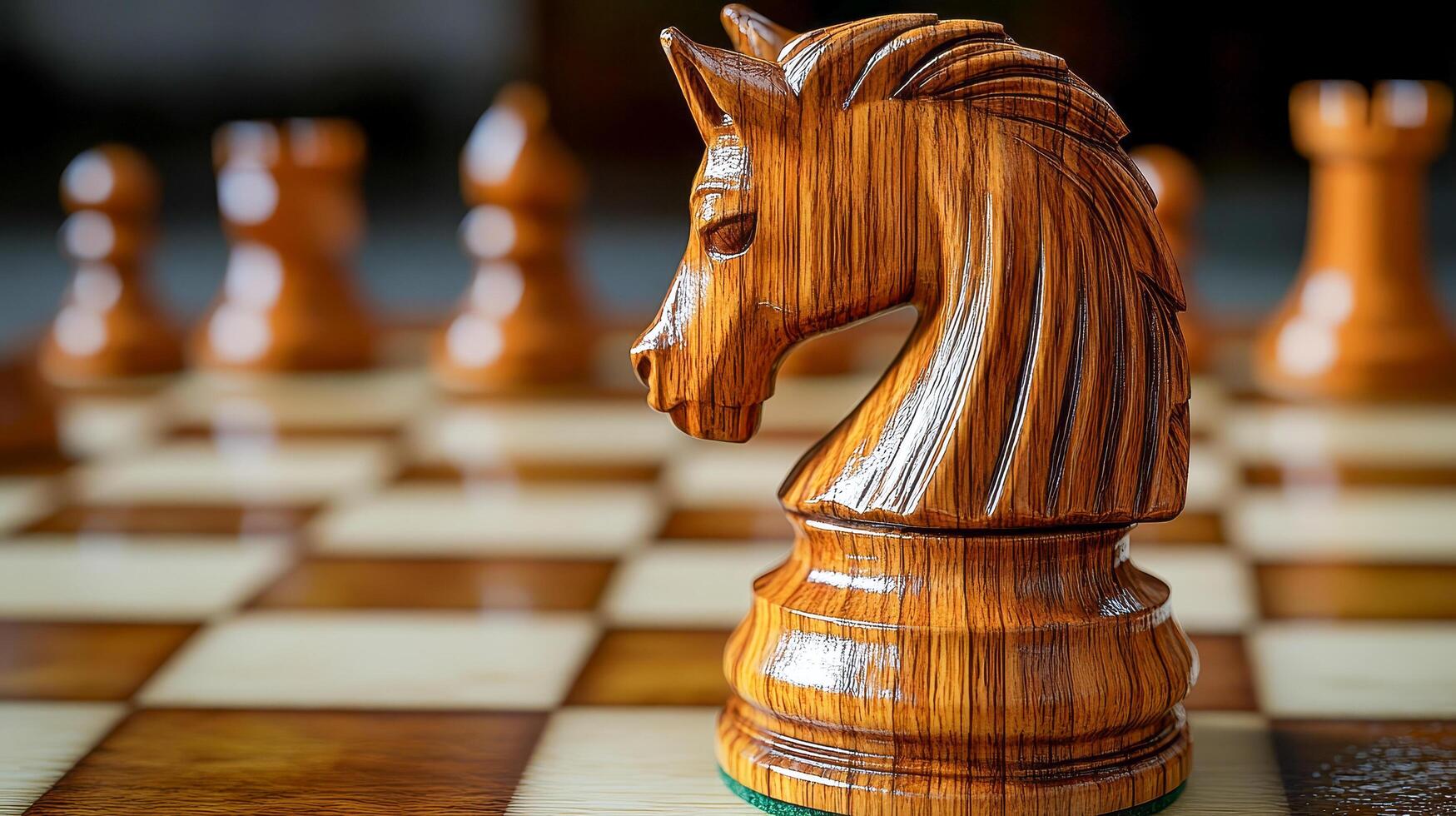A close-up of a skillfully carved wooden chess piece, a knight photo
