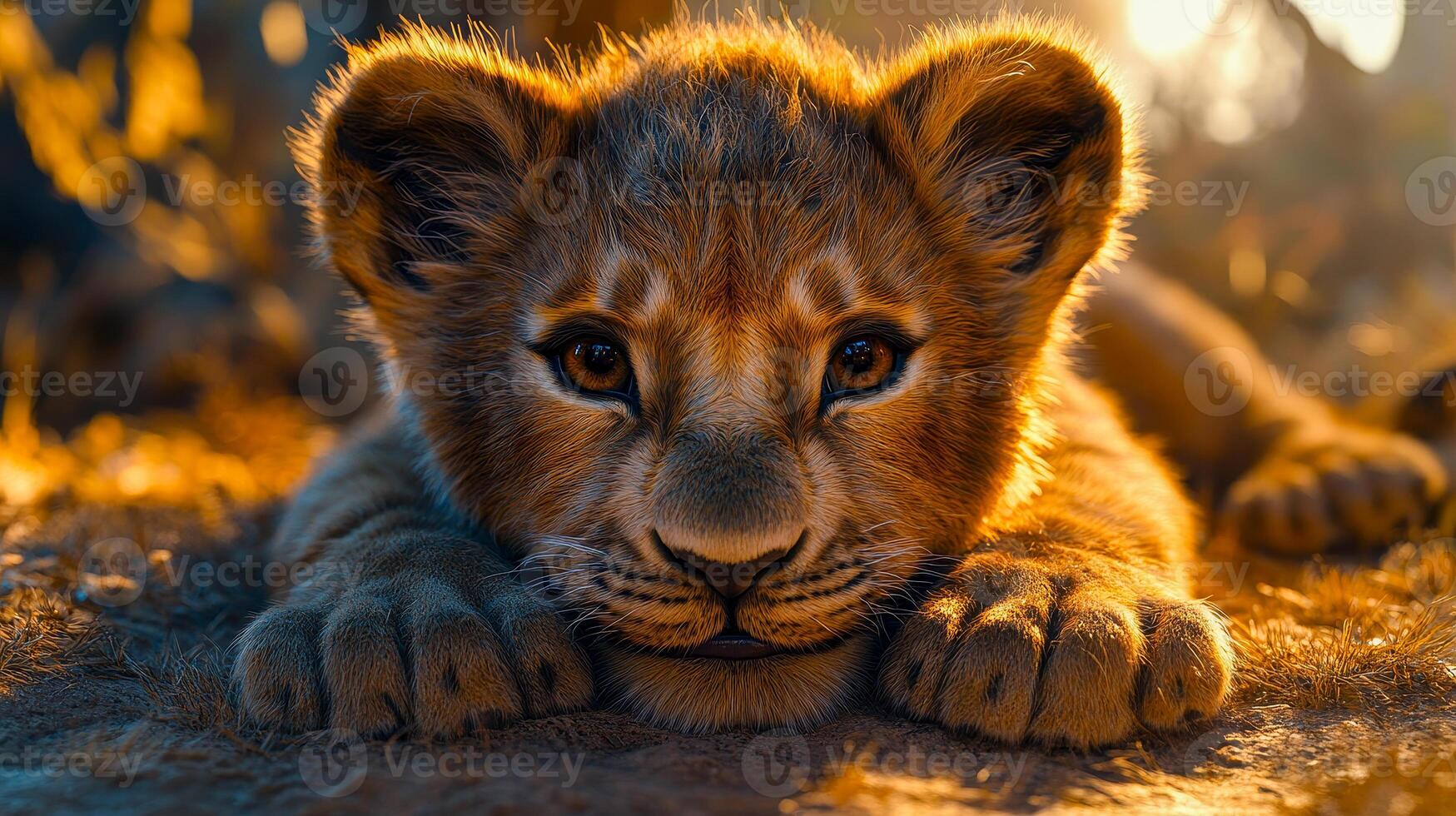 A young lion cub lying in the sun photo