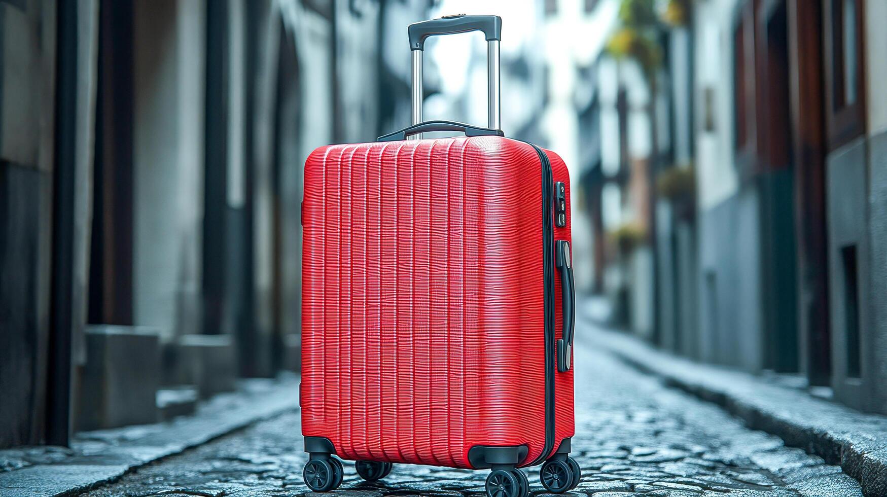 A red textured travel case standing upright on a cobblestone street photo