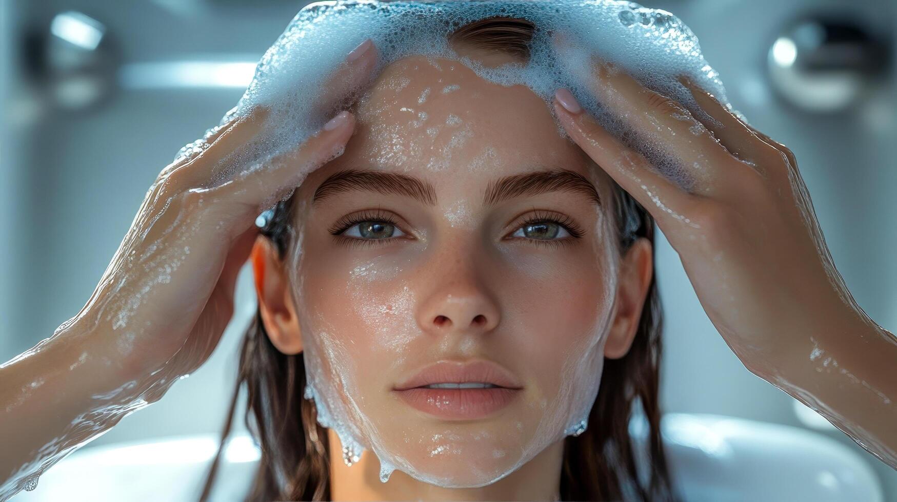 A woman gently rubs shampoo into the scalp, drops of water fall from the client's wet hair photo