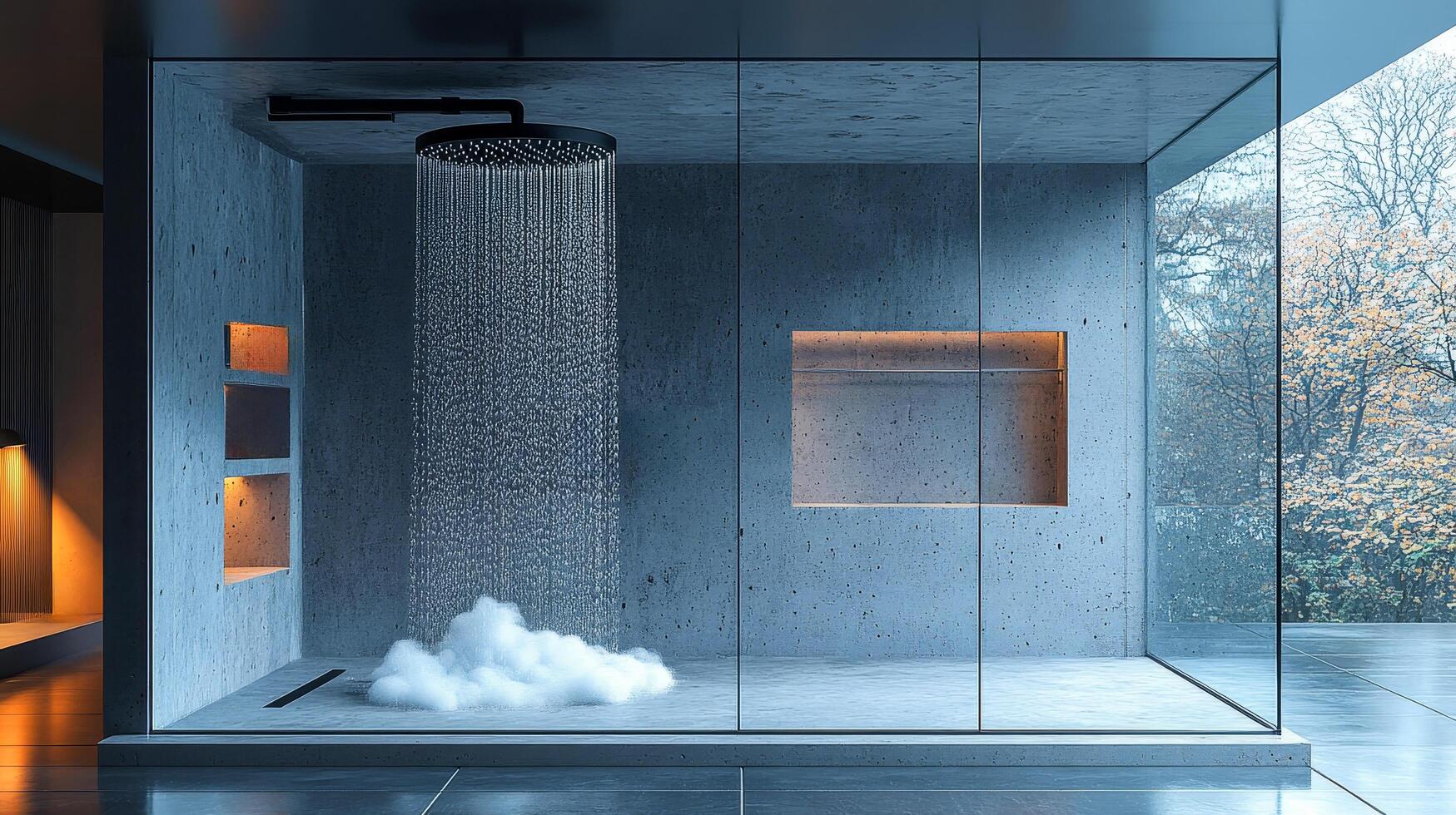 Minimalistic shower cubicle with matte black shower head photo