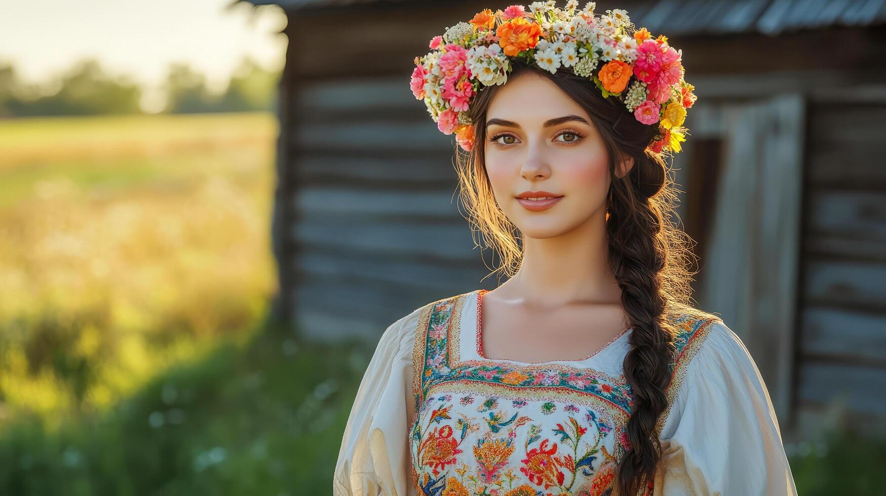 Lithuanian woman in an embroidered dress and flower crown standing in front of a wooden house photo