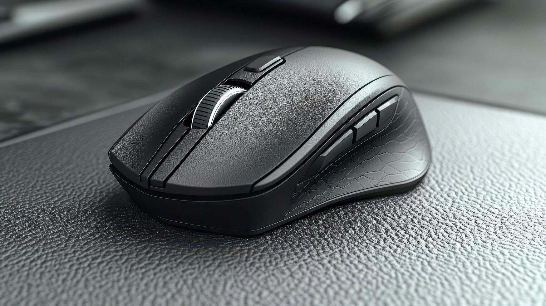 Wireless, black computer mouse on a pad photo
